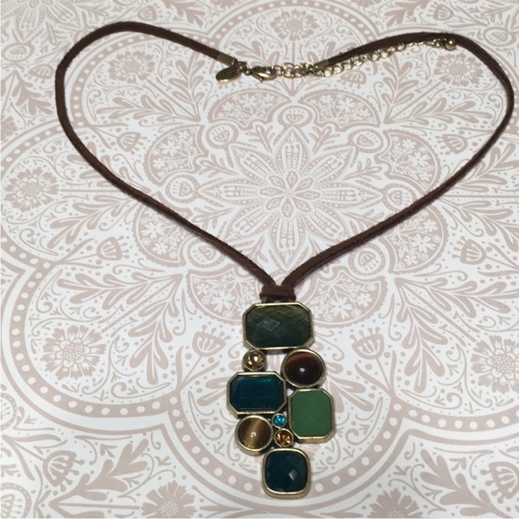Lia Sophia Multi Stone Necklace on Brown Suede. - Picture 7 of 8